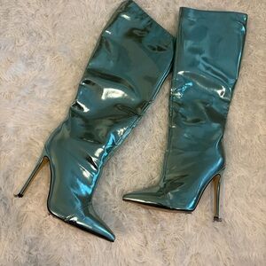 Metallic Teal Knee-High Stiletto Boots